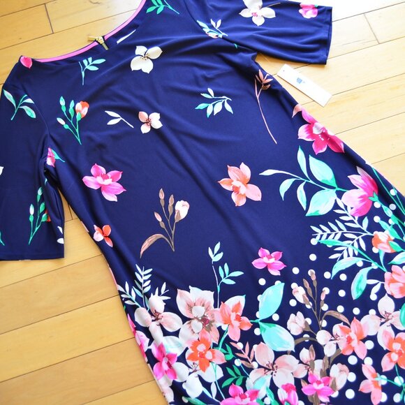 Eliza J Navy Floral Sheath Midi Dress Elbow Sleeve Crew Neck Size 14 NWT - Picture 3 of 13